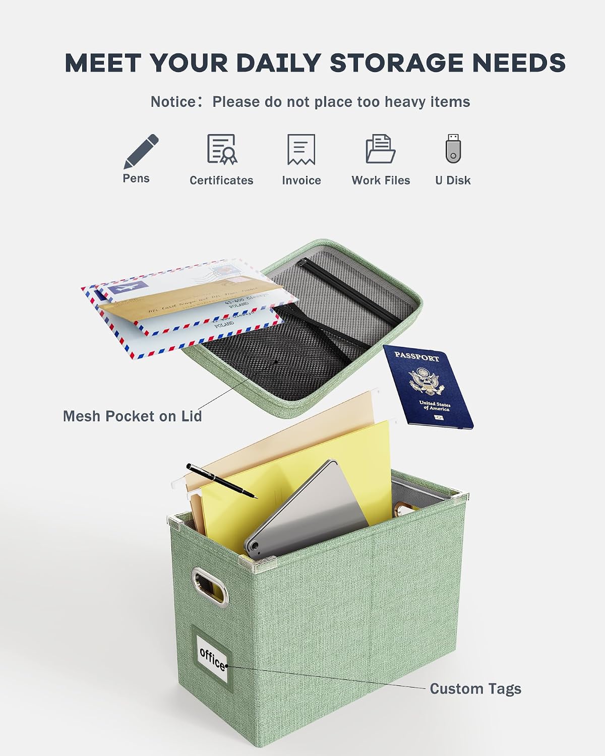 File Organizer Box with Lid, Hanging Filing File Box with Mesh Pocket, Document Organizer Box for Letter Files, Portable Storage Box(1 PCS, Green)