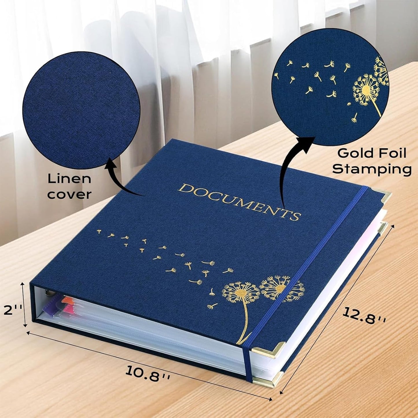 XKDOUS Important Document Organizer 3 Ring Linen Binders Folio File Folders | Navy Expanding Storage Holder with Gold-foiled Hardcover, 9 Pockets & Labels for A4, Letter Size Papers, Home & Office