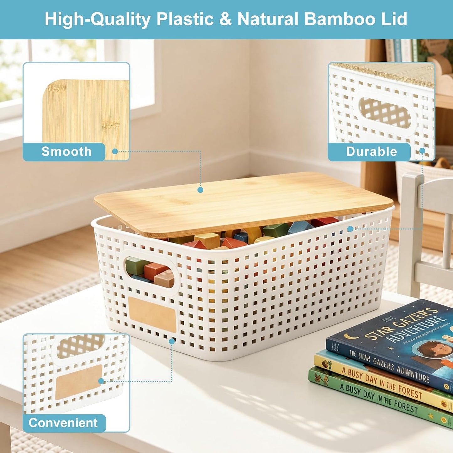 Small Plastic Storage Bins with Bamboo Lids 5.2qt Stackable Box Basket Pantry Decorative Containers Cute with Labels for Organizing Desktop Closet Office Cream White of 6 packs 10*7.2*4.1"