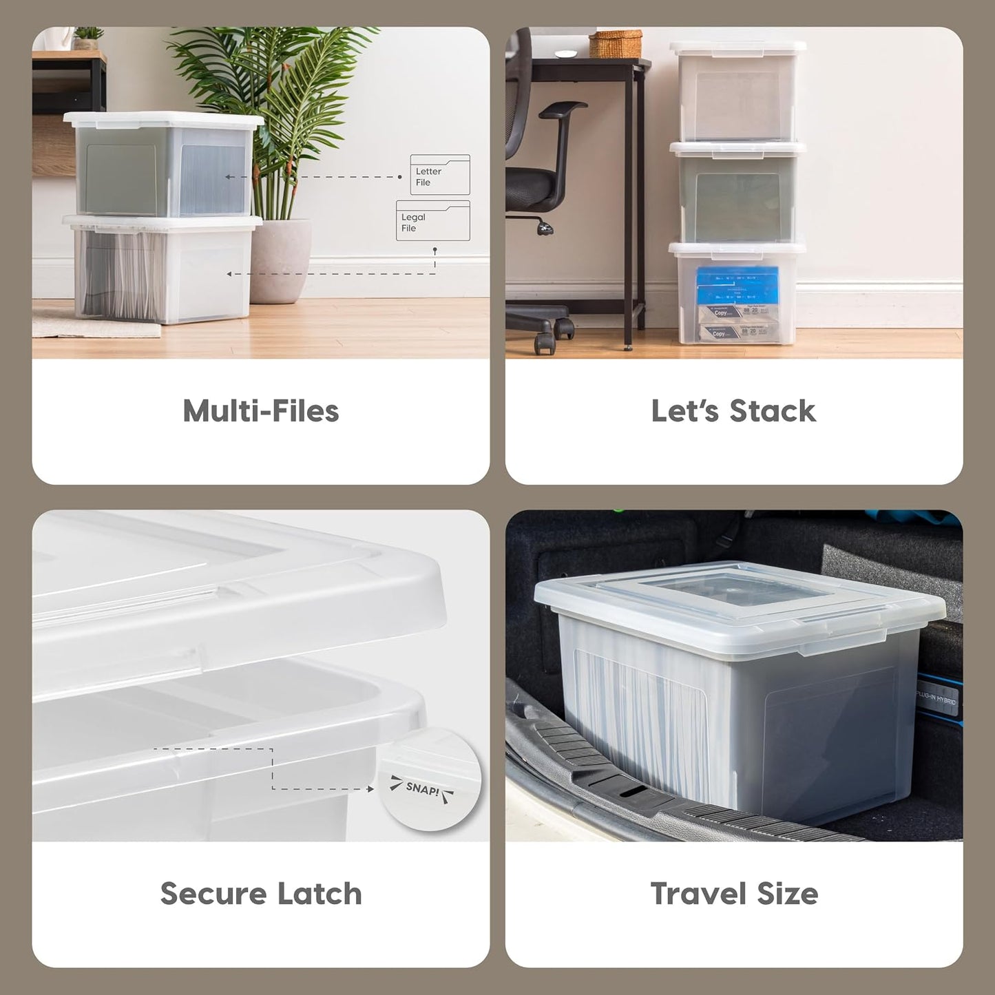 IRIS USA File Box, Plastic File Organizer with Lids for Letter/Legal File, Portable Document Box For Moving, Storage Bin with Durable and Secure Lid, Stackable Nestable BPA-Free, Clear 35 Qt. 4 Pack | Portable Moving Box, Stackable and Secure Storage, Dur