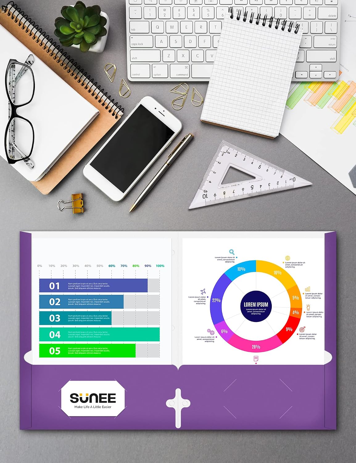 SUNEE Folders with Pockets 3 Hole Punched(50 Pack, Purple), 2 Pocket Folders Fit Letter Size Paper, Paper File Folder for School Office Home Business