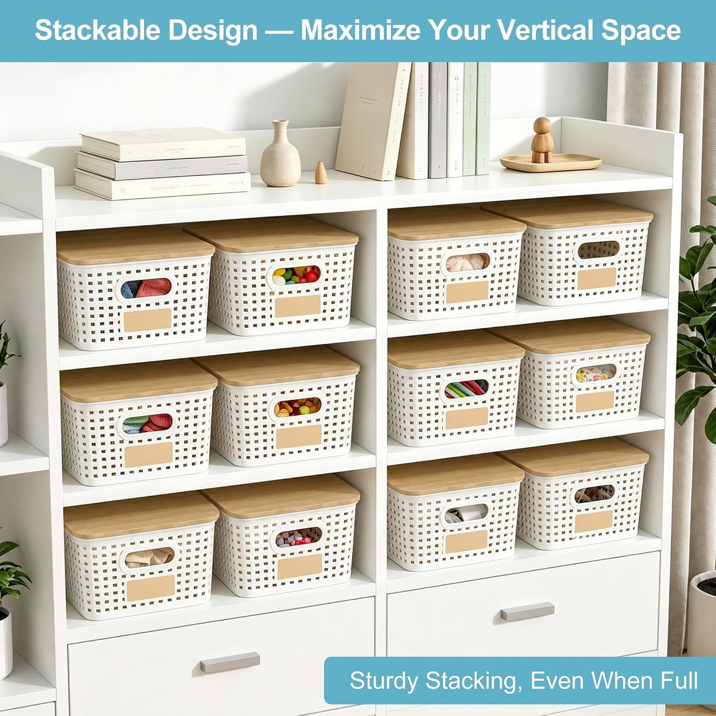Small Plastic Storage Bins with Bamboo Lids 5.2qt Stackable Box Basket Pantry Decorative Containers Cute with Labels for Organizing Desktop Closet Office Cream White of 6 packs 10*7.2*4.1"