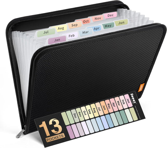 Sooez 13 Pocket Accordion File Organizer, Zipper Expanding File Folder A4 | Reinforced Plastic Accordion Folder Organizer, A4 Letter Size, Portable Folders for Documents, School Office Supplies, Black