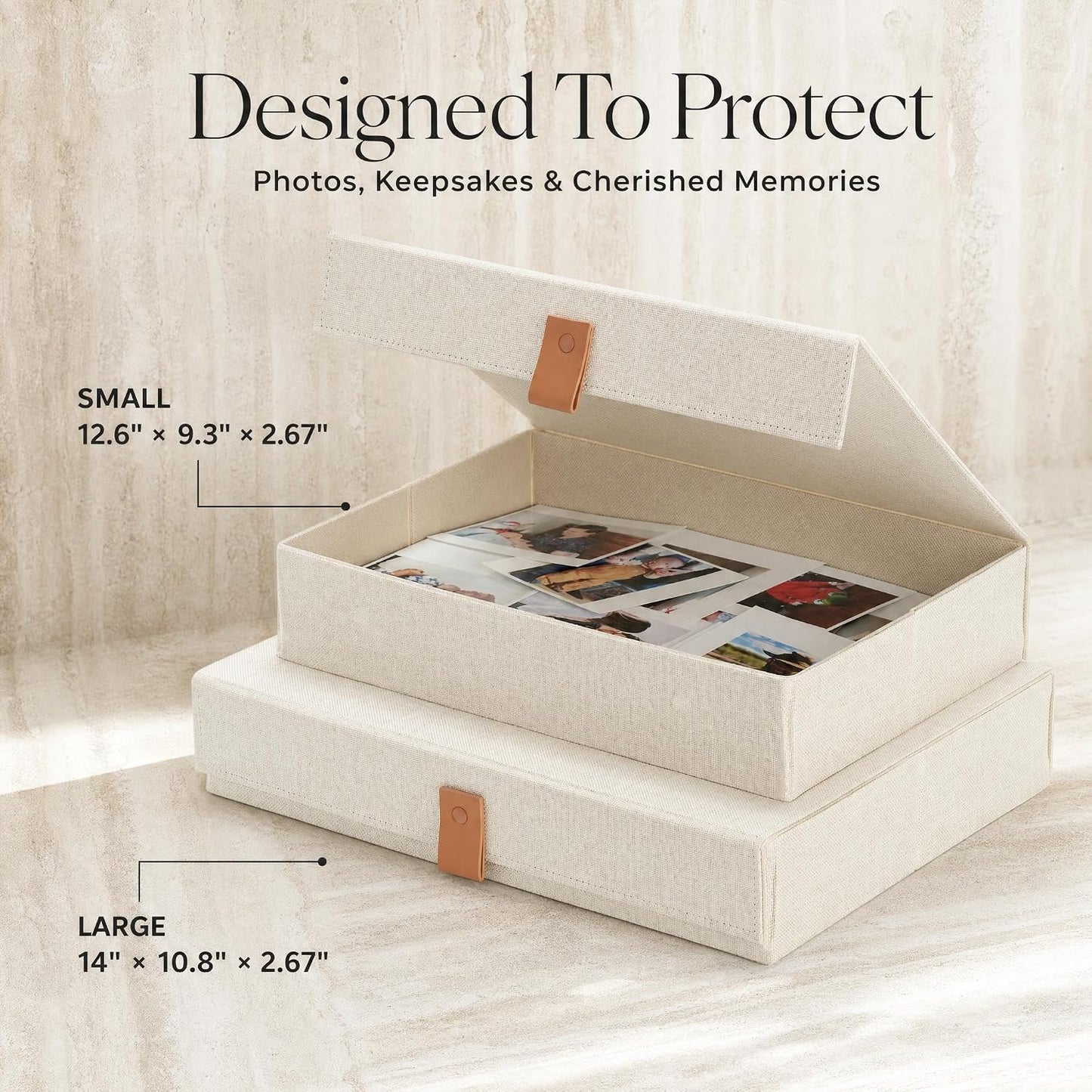 Decorative Photo Storage Boxes with Lids - Set of 2 Beautiful Linen Organizers Are Perfect to Safely Store Your Pictures, Documents, Scrapbooking Supplies, Keepsakes and Other Memories in Style
