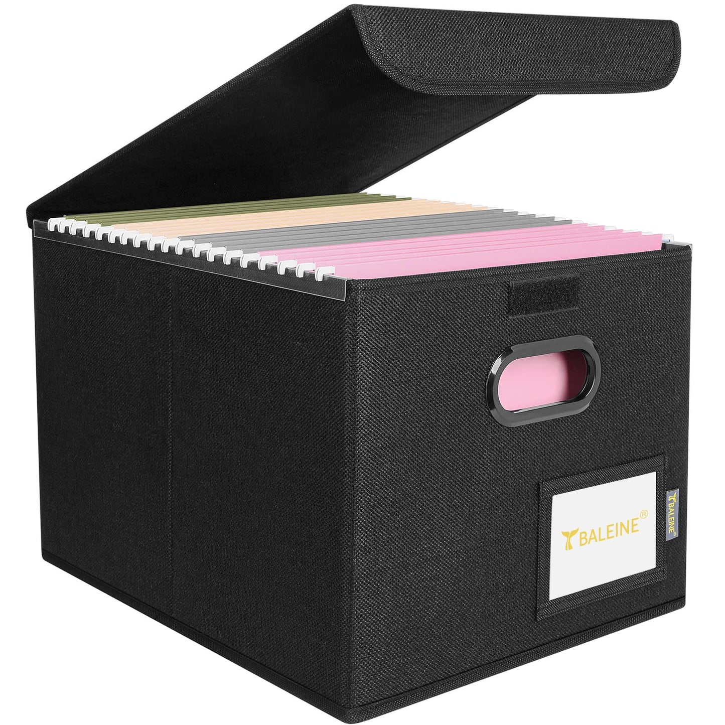 BALEINE File Organizer Box with Lid, Collapsible File Folder Organizer with Plastic Slide, Hanging File Folder Box for Office Document Storage (Tab Friendly, 1 Pack, Black)