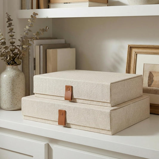 Decorative Photo Storage Boxes with Lids - Set of 2 Beautiful Linen Organizers Are Perfect to Safely Store Your Pictures, Documents, Scrapbooking Supplies, Keepsakes and Other Memories in Style