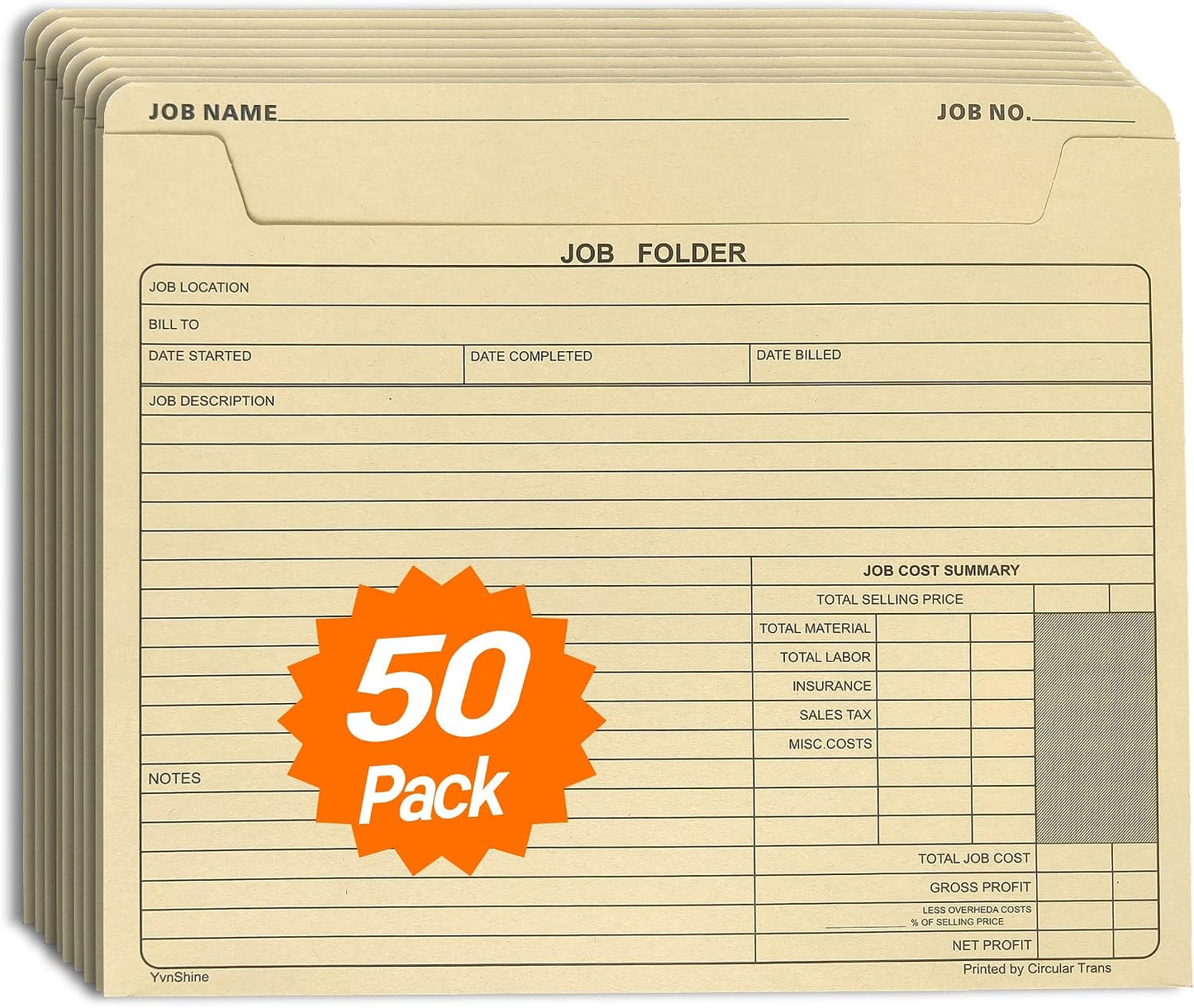 Preprinted Project Jackets, 3-Sided Closed Manila folders, Letter Size (Job Folder (50 Pack))