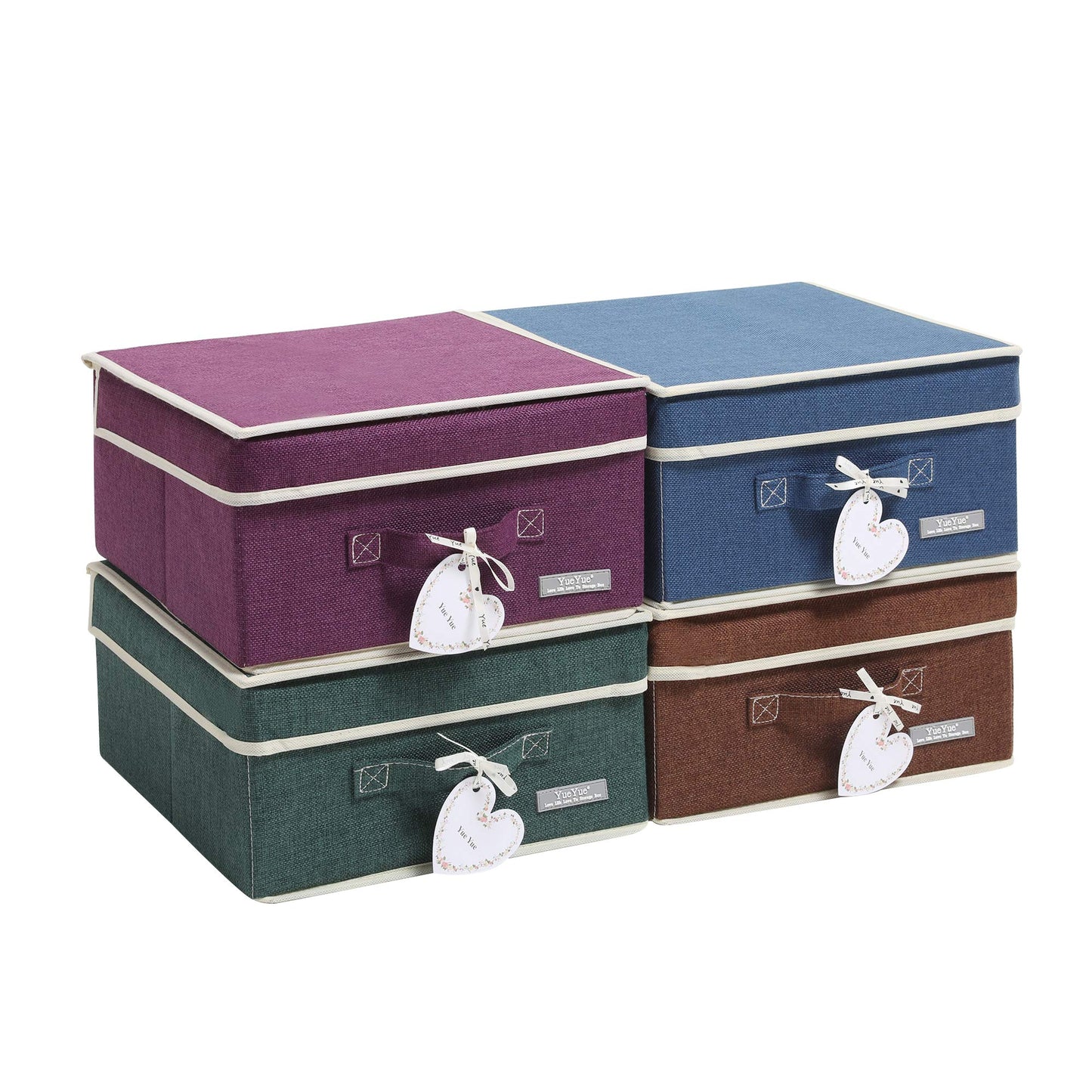 YueYue Fabric Storage Bins with Lids Small 4 Pack, Linen Foldable Storage Box with lids 4 Color Set 12.4in/12in/6.7in