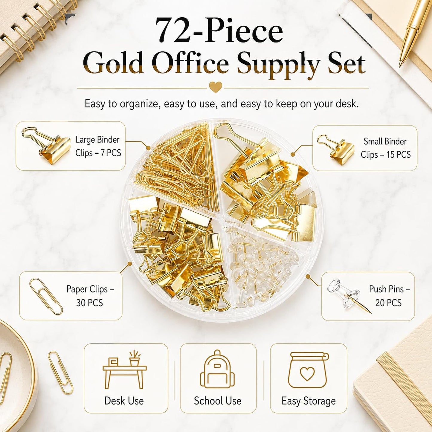 Paper Clips Binder Push Pin Set, Assorted Sized Binder Clips | Cute Office Supplies, Aesthetic Desk Accessories Teachers Desk Must Have, Paper Clips and Binder Clips Set, Gold, 1 Pack