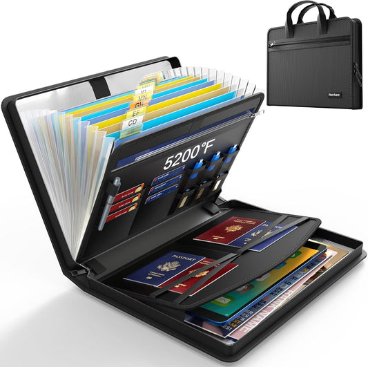 Hontom 5200℉ Accordion File Organizer with Handle Fireproof | 13 Pockets Fireproof Document Organizer ,Portable Travel Home Storage File Folder for Important Document and Paper ,Black