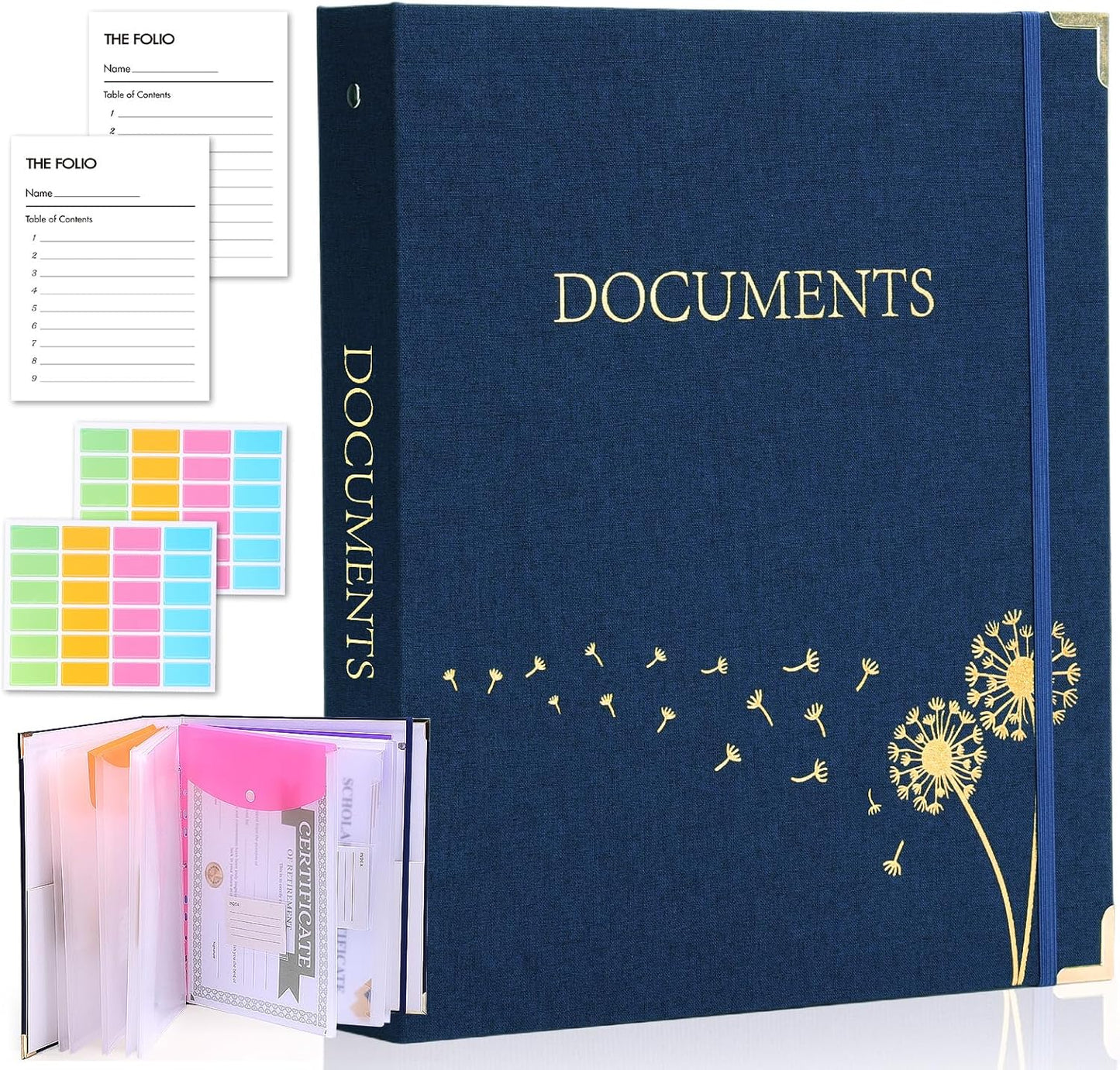 XKDOUS Important Document Organizer 3 Ring Linen Binders Folio File Folders | Navy Expanding Storage Holder with Gold-foiled Hardcover, 9 Pockets & Labels for A4, Letter Size Papers, Home & Office