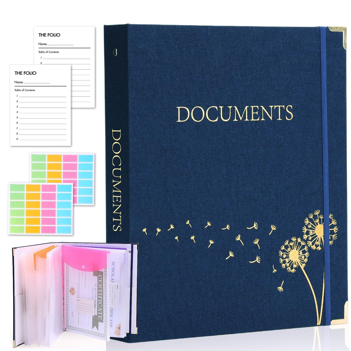 XKDOUS Important Document Organizer 3 Ring Linen Binders Folio File Folders | Navy Expanding Storage Holder with Gold-foiled Hardcover, 9 Pockets & Labels for A4, Letter Size Papers, Home & Office