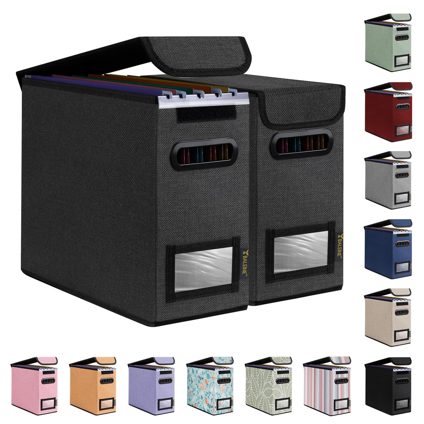 BALEINE File Organizer Box with Lid, Collapsible File Folder Organizer with Plastic Slide, Hanging File Folder Box for Office Document Storage (1 Pack, Black)