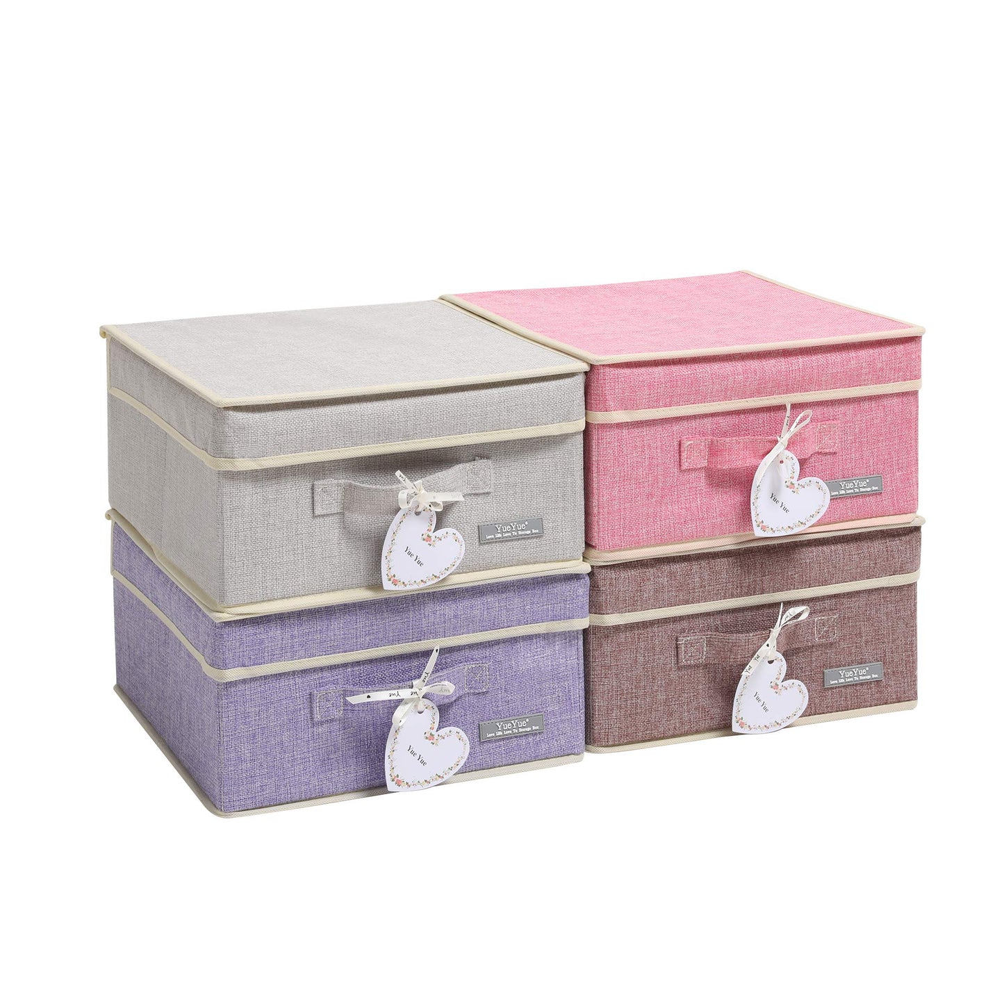 YueYue Fabric Storage Bins with Lids Small 4 Pack, Linen Foldable Storage Box with lids 4 Color Set 12.4in/12in/6.7in