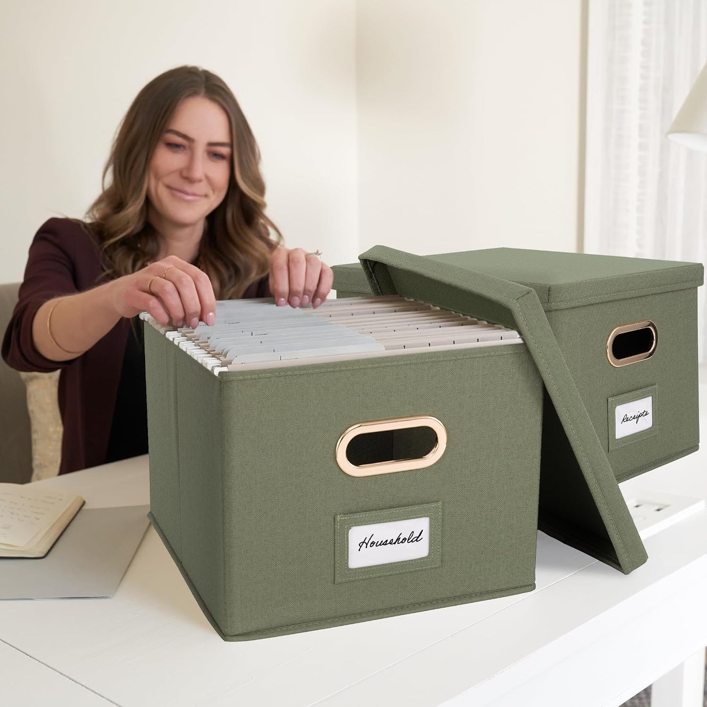 Decorative File Organizer Box Set of 2 - Collapsible Linen Filing Cabinets | Stores Documents and Hanging File Folders - Portable Office Crates with Lid and Handles for Easy Slide Access