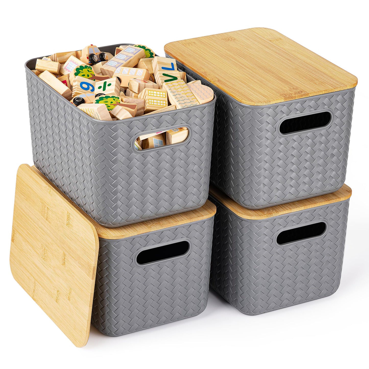 Ohmlove 4 Packs Storage Bins with Bamboo Lids - Plastic Storage Containers with Lids Stackable Storage Box：Storages Baskets for Organizing Desktop Closet Playroom Classroom Office,White