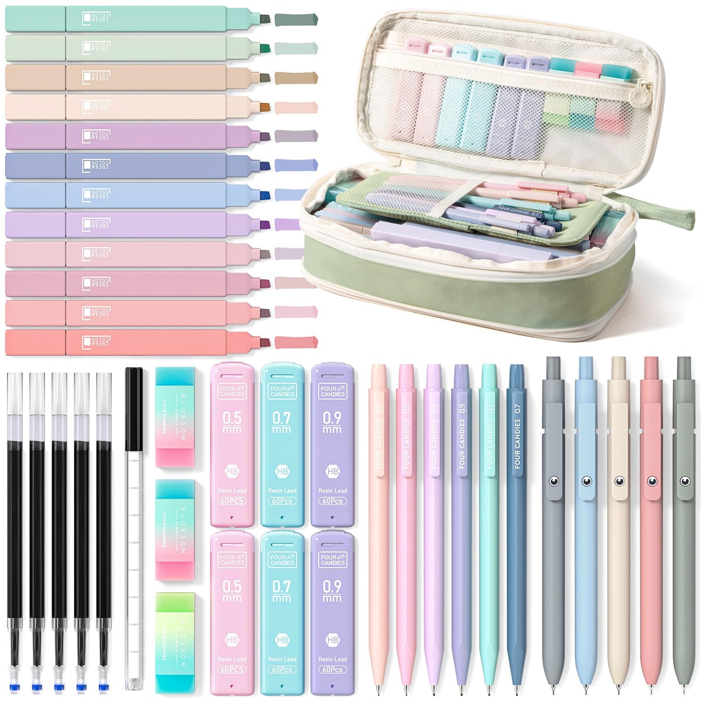 Four Candies School Supplies with Cute Pen Case, 39ct, Pink | Back to School Stationery Set, Essentials for College & Nursing Students, 5 Gel Pens, 6 Mechanical Pencils, 12 Highlighters