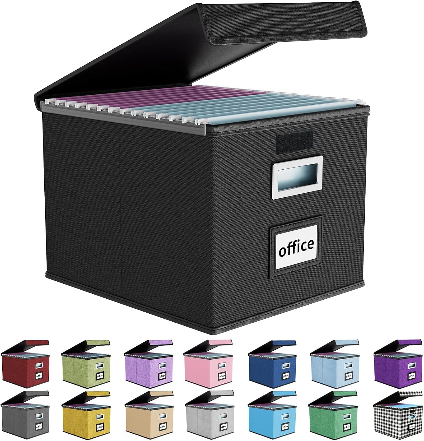 File Organizer Box with Lids, Collapsible File Folder Organizer | File Box with Plastic Slides for Office Document Storage, Filing Bin for Letter Size Hanging File Folders (1 Pack, Black)