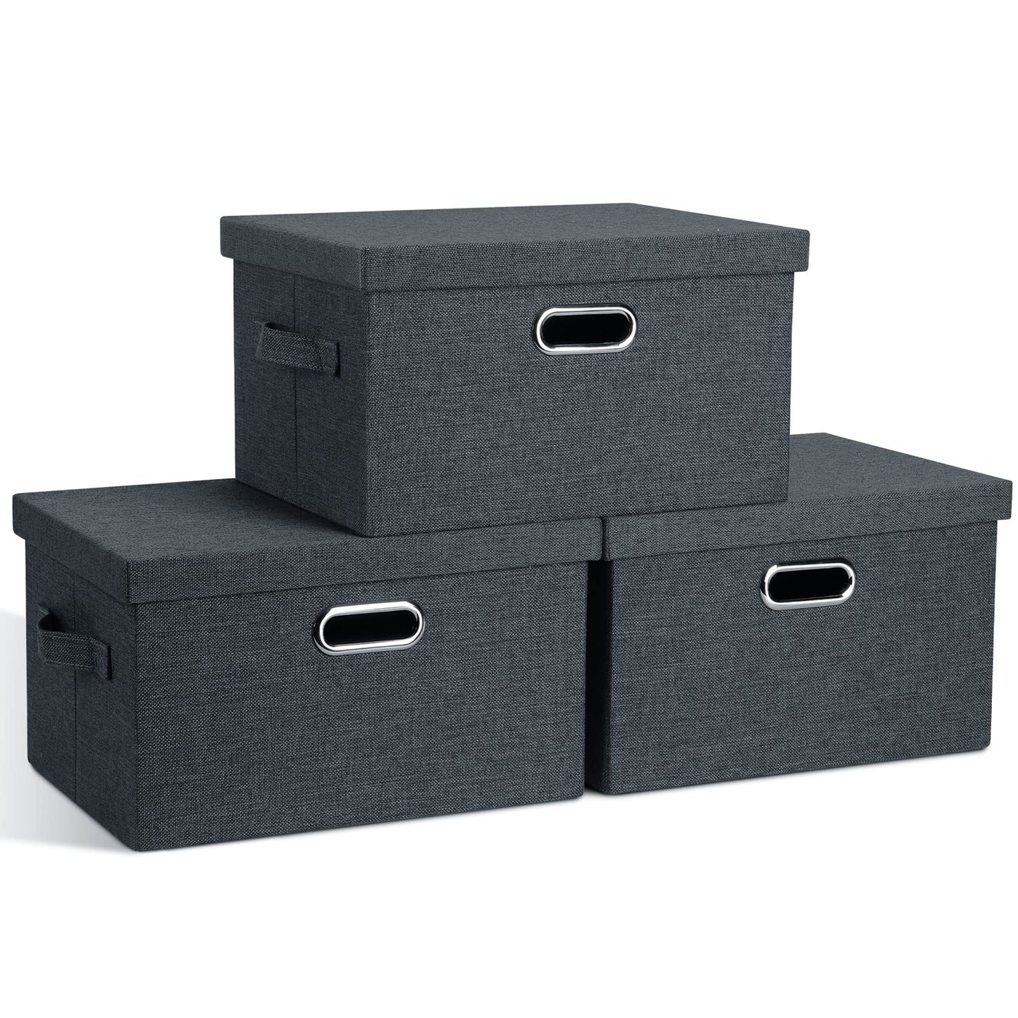 Graciadeco Large Quart Collapsible Stackable Storage Bins with Lids, 3 Packs Beige Linen Fabric Closet Boxes with Lids, Storage Cube Baskets Container Organizers for Bedroom Office(16.6 x 11.7 x 10.8) | 36 Quart 3 Pack Beige Collapsible Stackable Linen Fa