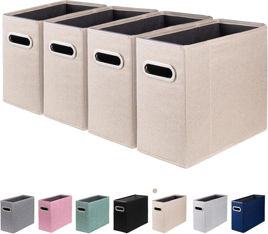 4 Packs Letter Size File Organizer, File Folders Organizer, Fabric Storage Box, Collapsible Paper Organizer with Metal Handle, Smooth PVC Rails, Only Box (Beige)