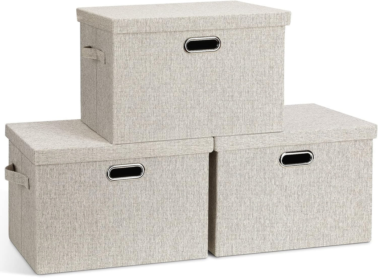 Graciadeco Large Quart Collapsible Stackable Storage Bins with Lids, 3 Packs Beige Linen Fabric Closet Boxes with Lids, Storage Cube Baskets Container Organizers for Bedroom Office(16.6 x 11.7 x 10.8) | 36 Quart 3 Pack Beige Collapsible Stackable Linen Fa