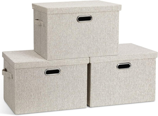 Graciadeco Large Quart Collapsible Stackable Storage Bins with Lids, 3 Packs Beige Linen Fabric Closet Boxes with Lids, Storage Cube Baskets Container Organizers for Bedroom Office(16.6 x 11.7 x 10.8) | 36 Quart 3 Pack Beige Collapsible Stackable Linen Fa