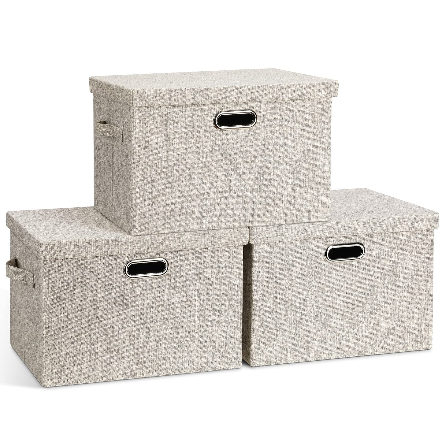 Graciadeco Large Quart Collapsible Stackable Storage Bins with Lids, 3 Packs Beige Linen Fabric Closet Boxes with Lids, Storage Cube Baskets Container Organizers for Bedroom Office(16.6 x 11.7 x 10.8) | 36 Quart 3 Pack Beige Collapsible Stackable Linen Fa