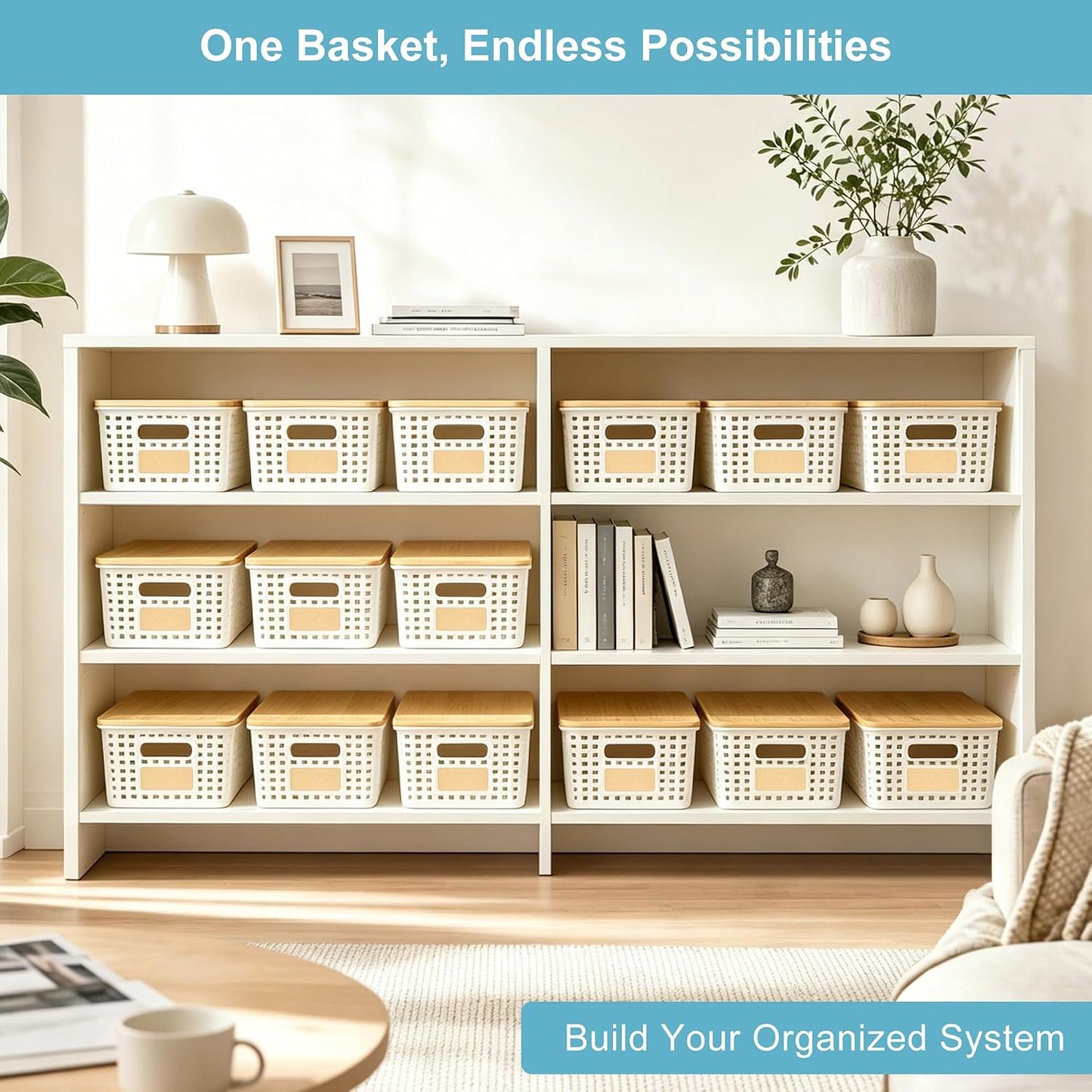 Small Plastic Storage Bins with Bamboo Lids 5.2qt Stackable Box Basket Pantry Decorative Containers Cute with Labels for Organizing Desktop Closet Office Cream White of 6 packs 10*7.2*4.1"