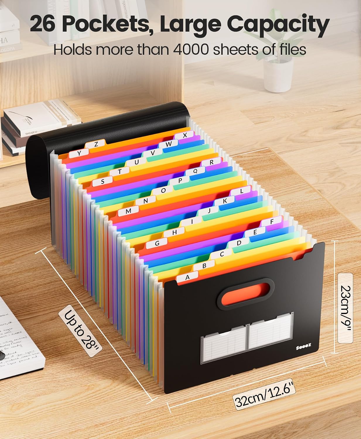 Sooez Accordion File Organizer, 26-Pocket Expanding File Folder Letter Size | A-Z Tabs, Deeper 26-Pocket Keep Index Tabs Visible, Thicken, Bill Tax Receipt Document Organizer Storage, Home Office School