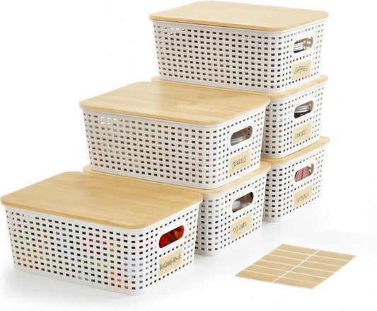 Small Plastic Storage Bins with Bamboo Lids 5.2qt Stackable Box Basket Pantry Decorative Containers Cute with Labels for Organizing Desktop Closet Office Cream White of 6 packs 10*7.2*4.1"