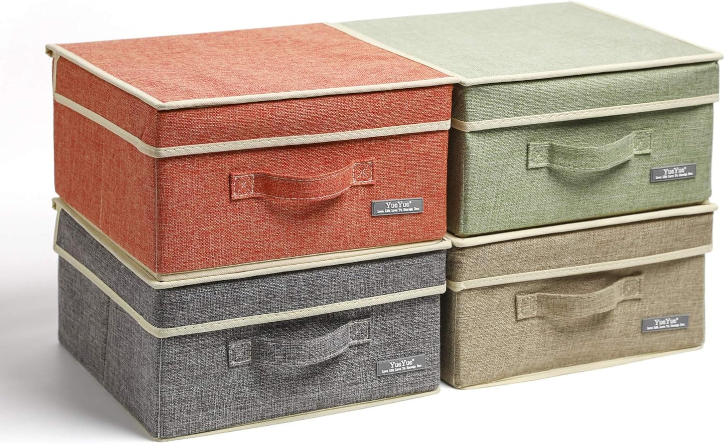 YueYue Fabric Storage Bins with Lids Small 4 Pack, Linen Foldable Storage Box with lids 4 Color Set 12.4in/12in/6.7in