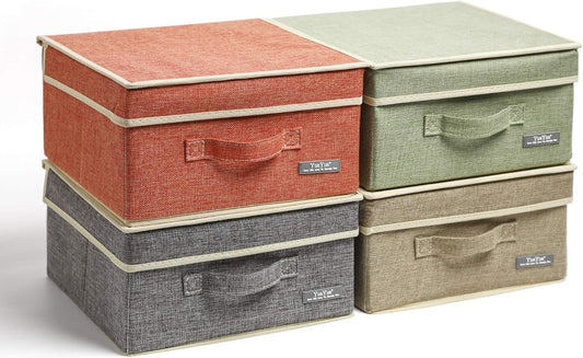YueYue Fabric Storage Bins with Lids Small 4 Pack, Linen Foldable Storage Box with lids 4 Color Set 12.4in/12in/6.7in