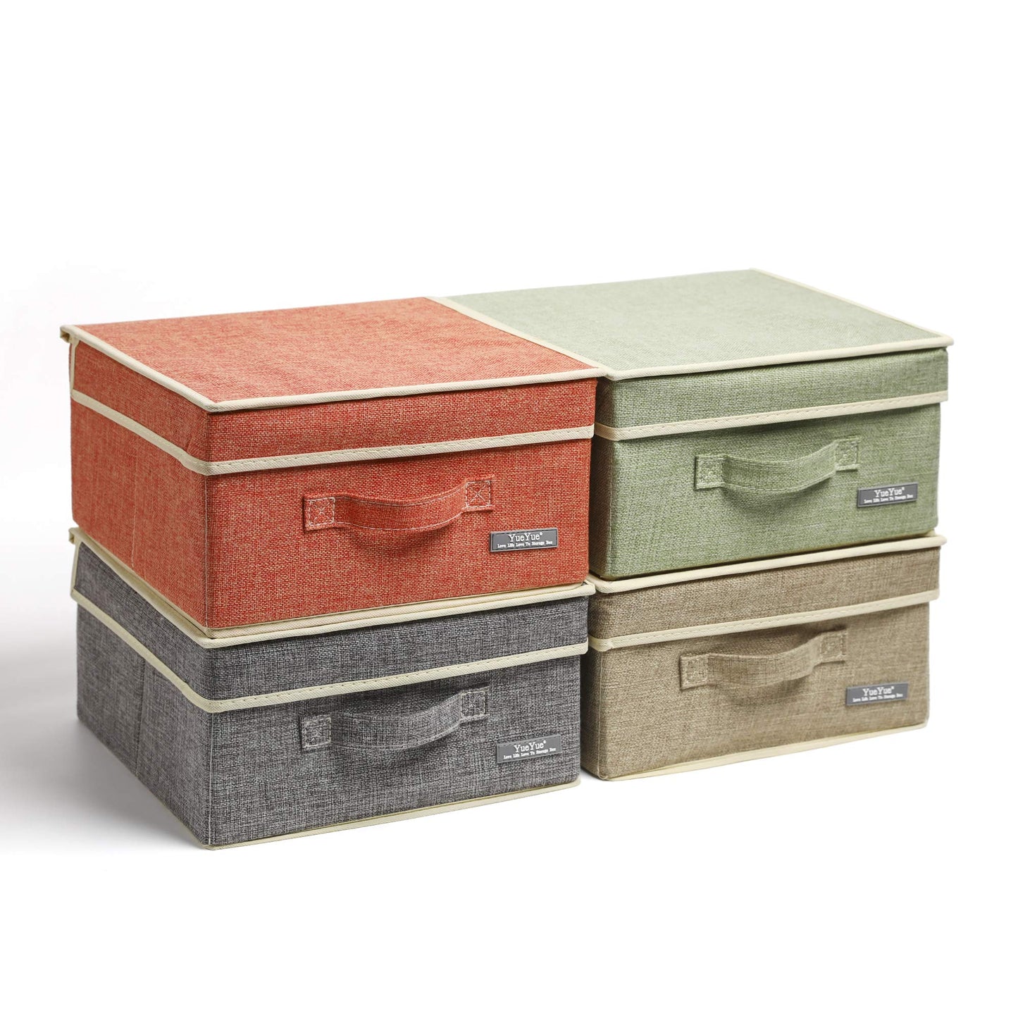 YueYue Fabric Storage Bins with Lids Small 4 Pack, Linen Foldable Storage Box with lids 4 Color Set 12.4in/12in/6.7in