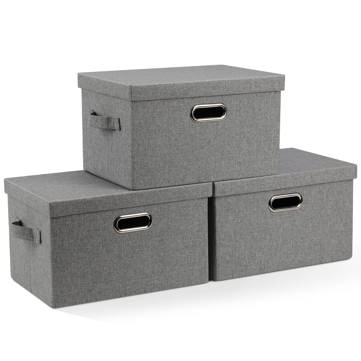 Graciadeco Large Quart Collapsible Stackable Storage Bins with Lids, 3 Packs Beige Linen Fabric Closet Boxes with Lids, Storage Cube Baskets Container Organizers for Bedroom Office(16.6 x 11.7 x 10.8) | 36 Quart 3 Pack Beige Collapsible Stackable Linen Fa