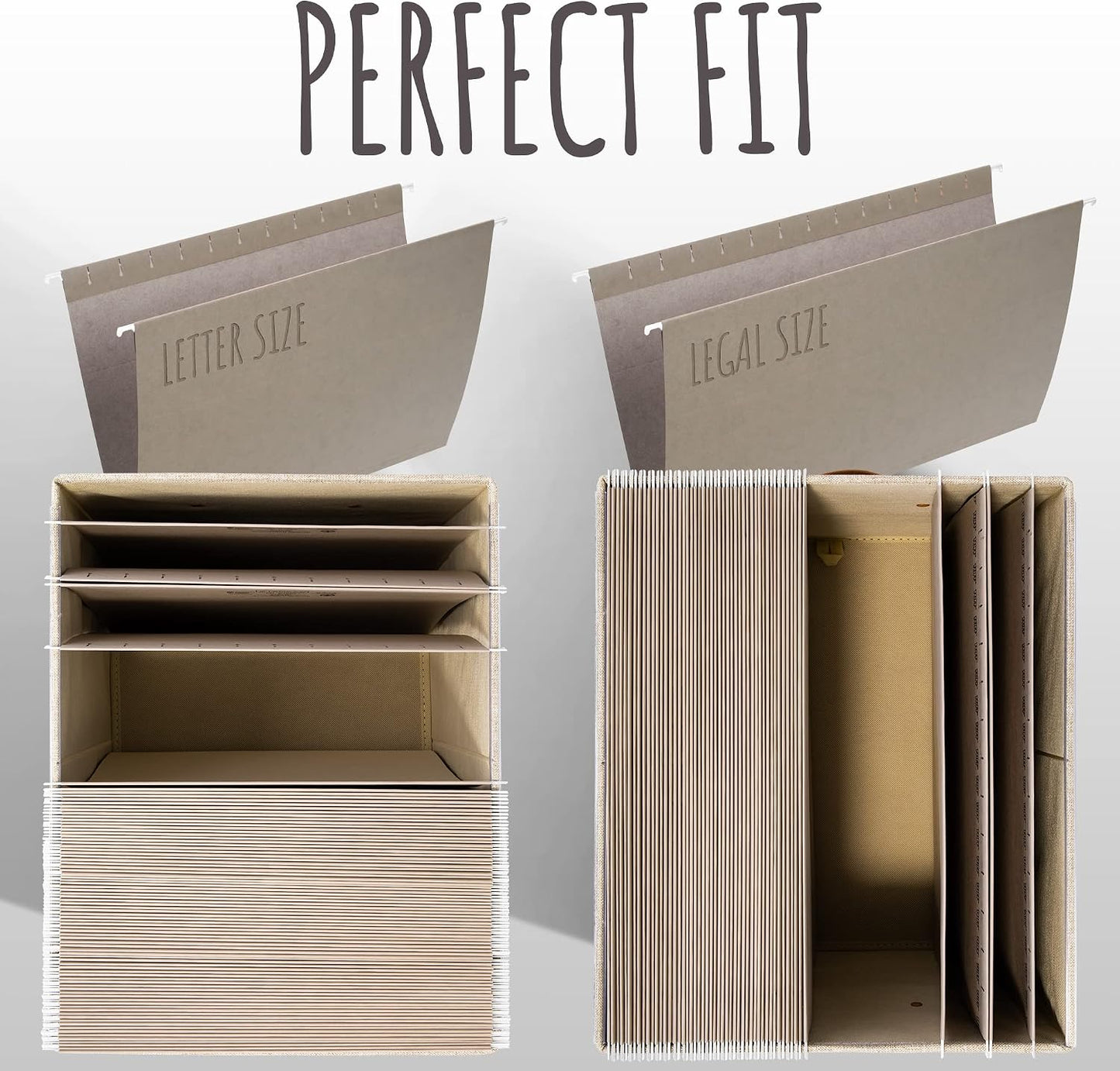 Decorative File Organizer Box Set of 2 - Collapsible Linen Filing Cabinets | Stores Documents and Hanging File Folders - Portable Office Crates with Lid and Handles for Easy Slide Access