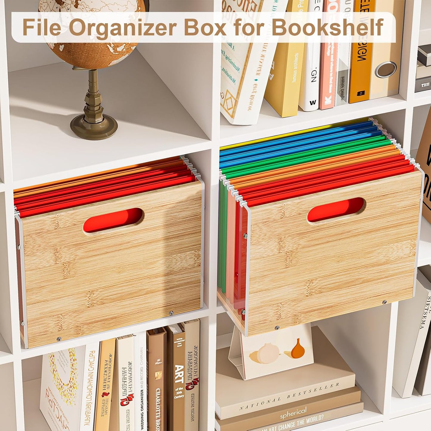 Sbanmao Clear Acrylic File Box Organizer, Bamboo Hanging Folder Storage Boxes, Filing Crate Bin Holder with Handle for Home Office Desk, Letter Size
