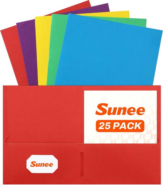 SUNEE Folders with Pockets(25 Pack, Assorted Colors), 2 Pocket Folders Fit Letter Size Paper, Paper File Folder for School Office Home Business