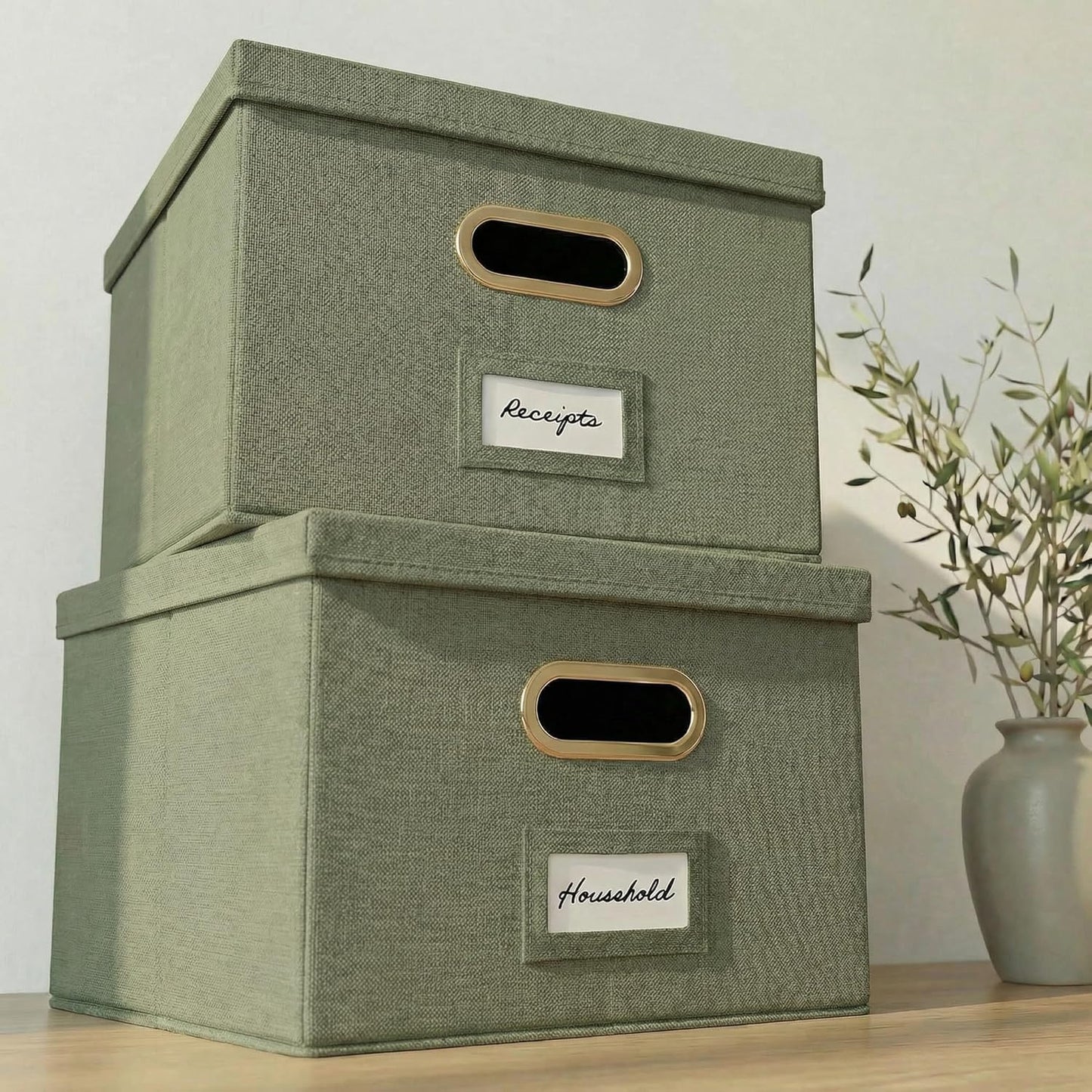 Decorative File Organizer Box Set of 2 - Collapsible Linen Filing Cabinets | Stores Documents and Hanging File Folders - Portable Office Crates with Lid and Handles for Easy Slide Access