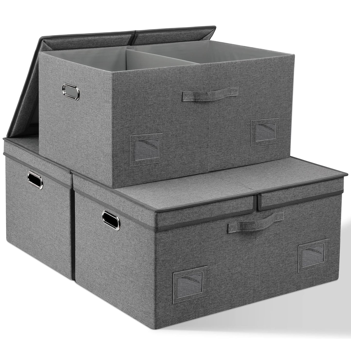 Graciadeco Large Quart Collapsible Stackable Storage Bins with Lids, 3 Packs Beige Linen Fabric Closet Boxes with Lids, Storage Cube Baskets Container Organizers for Bedroom Office(16.6 x 11.7 x 10.8) | 36 Quart 3 Pack Beige Collapsible Stackable Linen Fa