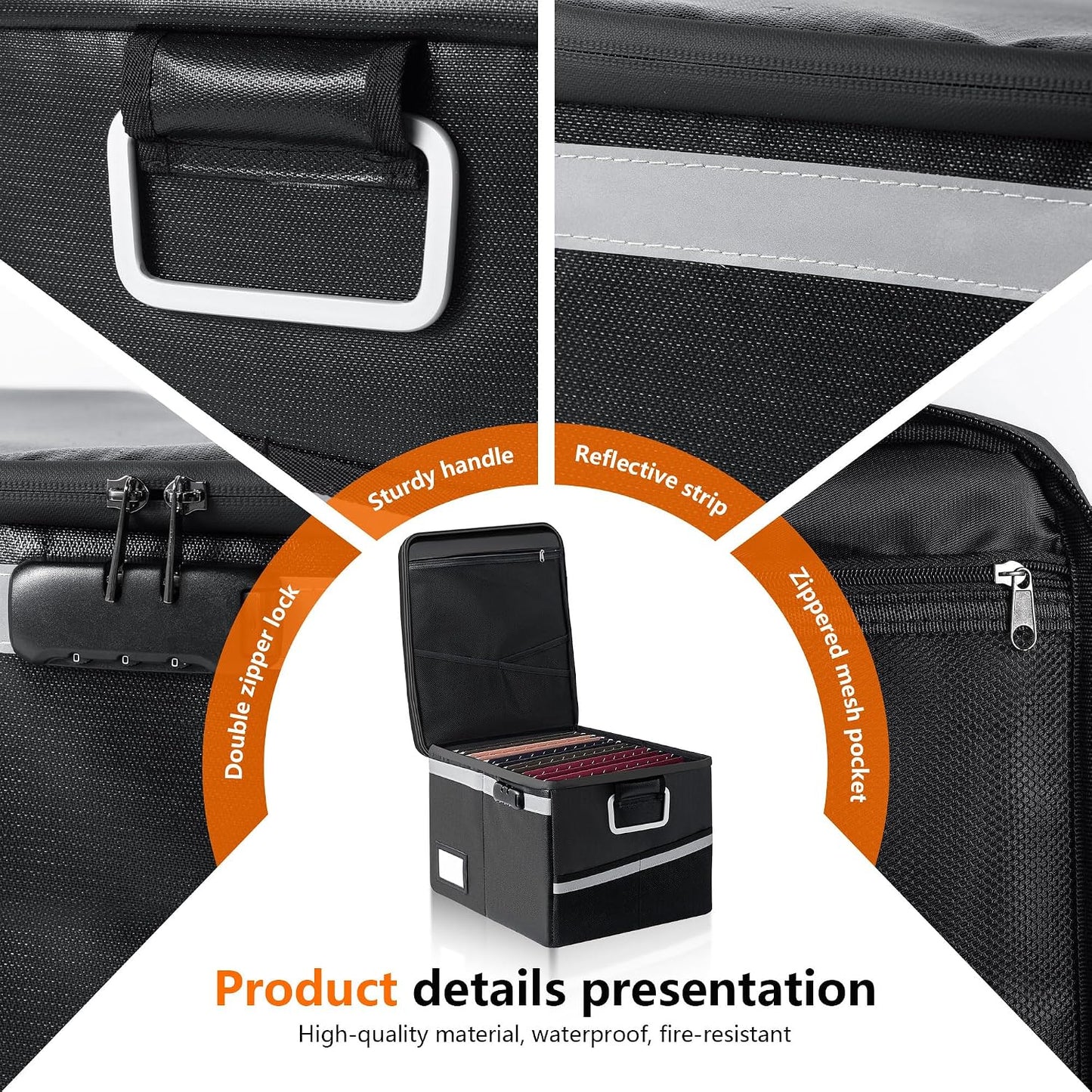 Fireproof Waterproof Document Box with Lock Collapsible Portable File Organizer Hard Shell Storage for Hanging Letter Legal Folders Home Office Safe Black 15.7x11.2x10.2in