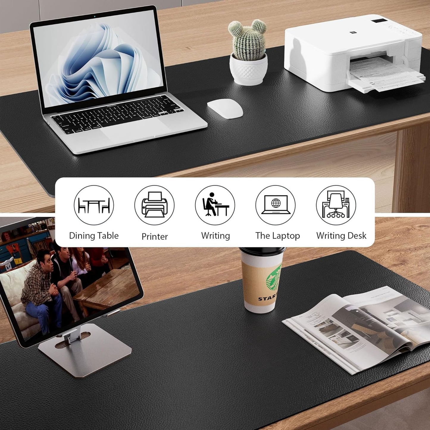 Aothia Leather Office Desk Pad Protector, Non-Slip PU Leather Desk Blotter, Waterproof Laptop Writing Mouse Pad for Office and Home, Black, 31.5" x 15.7"