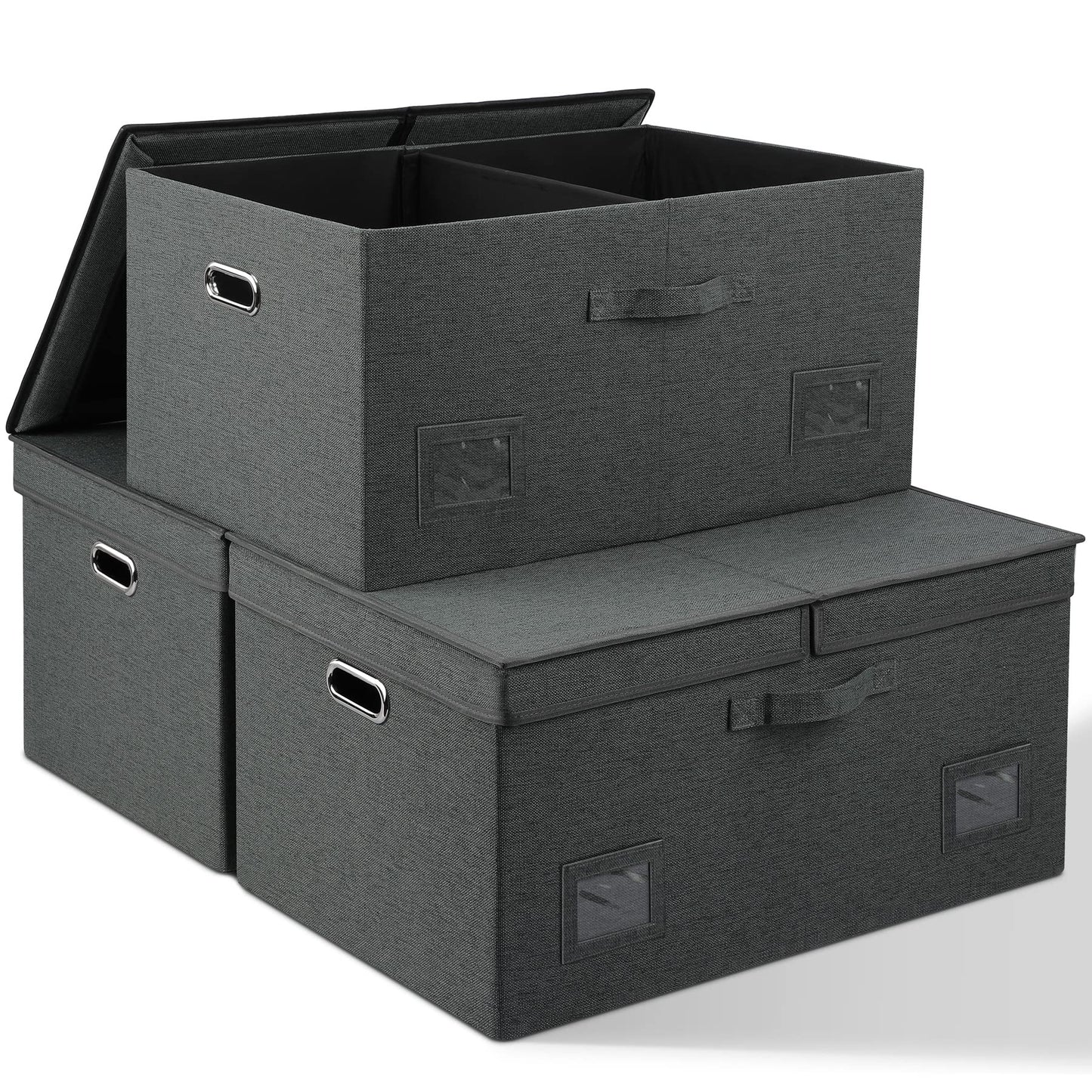 Graciadeco Large Quart Collapsible Stackable Storage Bins with Lids, 3 Packs Beige Linen Fabric Closet Boxes with Lids, Storage Cube Baskets Container Organizers for Bedroom Office(16.6 x 11.7 x 10.8) | 36 Quart 3 Pack Beige Collapsible Stackable Linen Fa