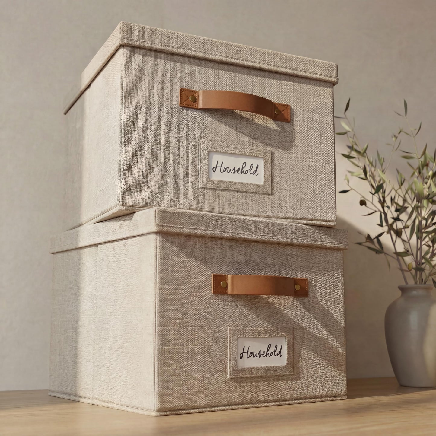 Decorative File Organizer Box Set of 2 - Collapsible Linen Filing Cabinets | Stores Documents and Hanging File Folders - Portable Office Crates with Lid and Handles for Easy Slide Access