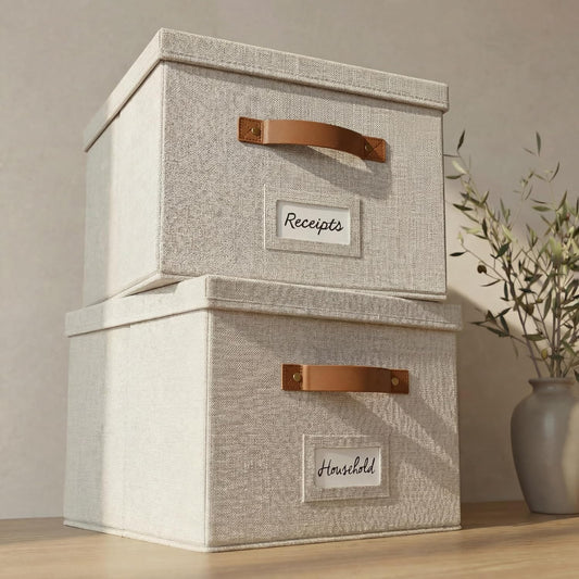 Decorative File Organizer Box Set of 2 - Collapsible Linen Filing Cabinets | Stores Documents and Hanging File Folders - Portable Office Crates with Lid and Handles for Easy Slide Access