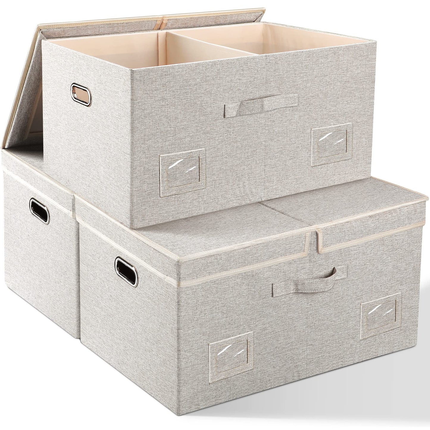Graciadeco Large Quart Collapsible Stackable Storage Bins with Lids, 3 Packs Beige Linen Fabric Closet Boxes with Lids, Storage Cube Baskets Container Organizers for Bedroom Office(16.6 x 11.7 x 10.8) | 36 Quart 3 Pack Beige Collapsible Stackable Linen Fa